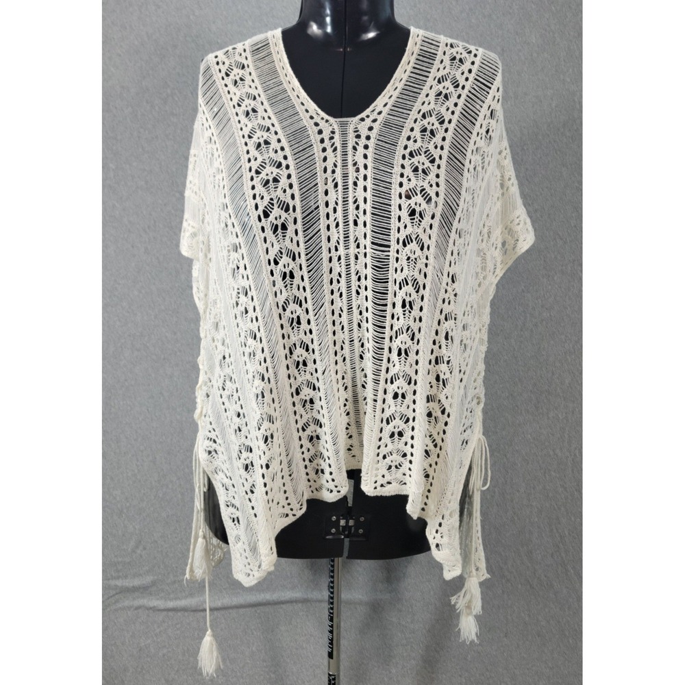 Ivory Crochet Knit Poncho Women 3X Boho Open Weave Top Peasant Concert Indie